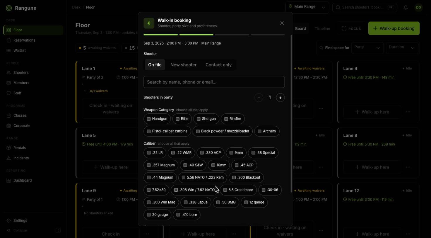 Step two of the Rangune booking flow: shooter on file, new shooter or contact only; a party-size stepper; and checkbox groups for weapon category (handgun, rifle, shotgun, rimfire, pistol-caliber carbine, black powder, archery) and for caliber, from .22 LR through .50 BMG and shotgun gauges.