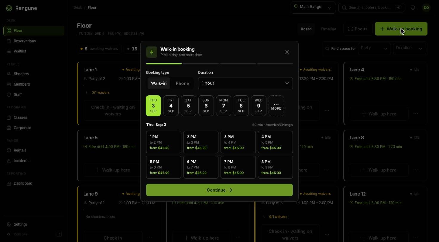 Step one of the booking flow: booking type walk-in or phone, a duration select, a week of day chips, and hourly start times from 1 PM to 8 PM, each priced from $45.00.